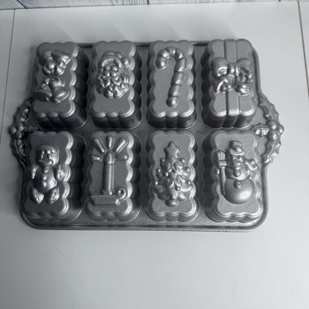 Nordic Ware Holiday Mini Loaf Baking Pan Santa Snowman Candle Christmas 8 Cup